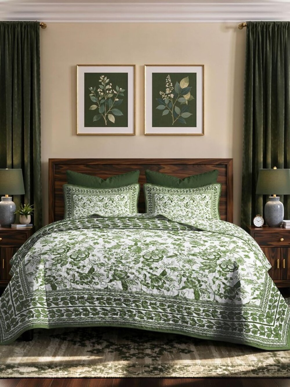 Green Vintage Floral Quilt Set Twin Size, 2-Piece Classic Reversible Bedspread C